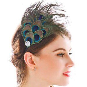 Peacock Feather Headband Green 1920s Flapper Headpiece Rhinestones Costume Headd